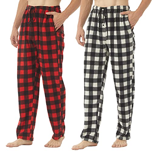 YUSHOW 2er Pack Pyjamahose Herren Lang Fleece Karierter Schlafanzughose Winter Warme Bequeme Schlafhose Pyjama/Lounge Bottoms mit Tachen von YUSHOW
