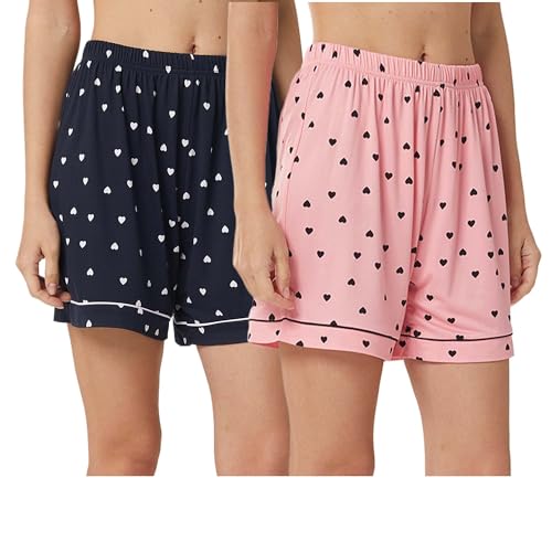 YUSHOW 2er Pack Schlafanzughose Damen Kurz Herz-Print Pyjamahose Comfy Soft Nachtwäsche Frauen Pyjama Shorts von YUSHOW