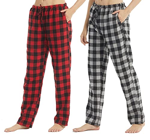 YUSHOW 2er Pack Schlafanzughose Damen Lang Baumwolle Winter Flanell Karierte Pyjamahose Weich Warm Pajama mit Taschen und Kordelzug von YUSHOW
