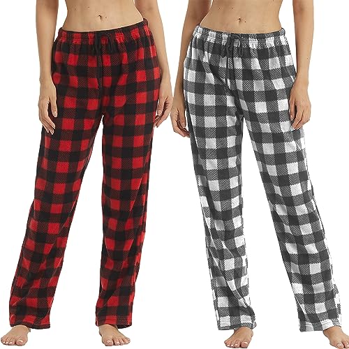 YUSHOW 2er Pack Schlafanzughose Damen Lang Fleece Karierte Pyjamahose Winter Weich Nachtwäsche Pyjama Hose Soft Freizeithose Weihnachts Pyjama mit Kordelzug Rotkariert+Graukariert(2er Pack M von YUSHOW