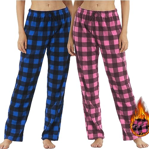 YUSHOW 2er Pack Schlafanzughose Damen Lang Fleece Karierte Pyjamahose Winter Weich Nachtwäsche Pyjama Hose Soft Freizeithose Weihnachts Pyjama mit Kordelzug von YUSHOW