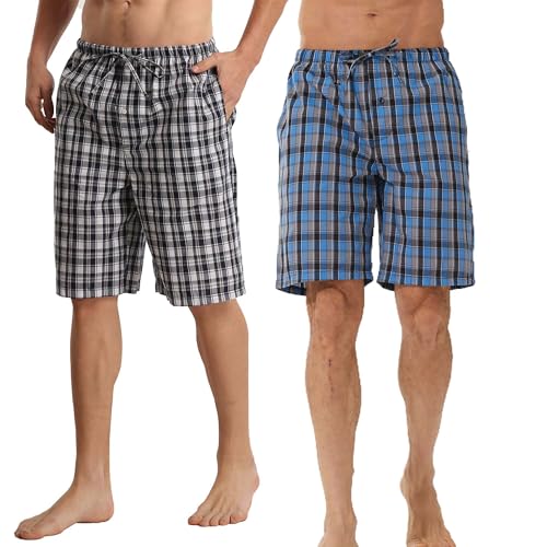 YUSHOW 2er Pack Schlafanzughose Herren Kurz Baumwolle Karierte Pyjamahose Soft Pyjama Hose Kurze Sommer Freizeithose mit Taschen und Kordelzug von YUSHOW