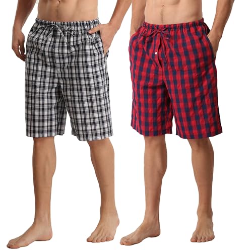 YUSHOW 2er Pack Schlafanzughose Herren Kurz Baumwolle Karierte Pyjamahose Soft Pyjama Hose Kurze Sommer Freizeithose mit Taschen und Kordelzug von YUSHOW