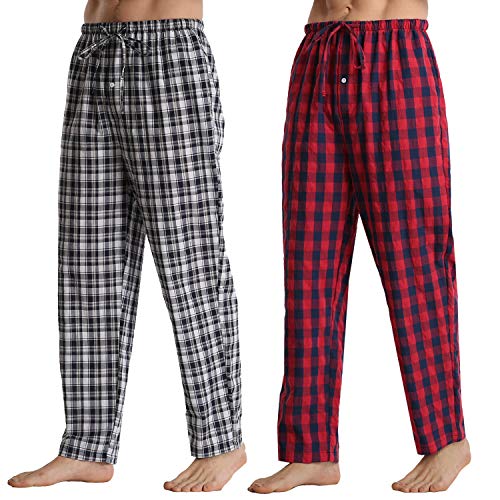 YUSHOW 2er Pack Schlafanzughose Herren Lang Baumwolle Karierte Pyjamahose Soft Leichte Freizeithose mit Taschen und Kordelzug von YUSHOW
