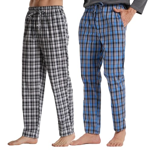 YUSHOW 2er Pack Schlafanzughose Herren Lang Baumwolle Karierte Pyjamahose Soft Pyjama Hose Freizeithose mit Taschen und Kordelzug von YUSHOW