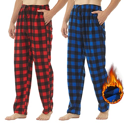 YUSHOW 2er Pack Schlafanzughose Herren Lang Fleece Karierte Pyjamahose Winter Warm Pyjama Hose Soft Freizeithose Weihnachts Pyjama mit Taschen und Kordelzug, Blau Schwarz Plaid + Rot Plaid Größe XL von YUSHOW