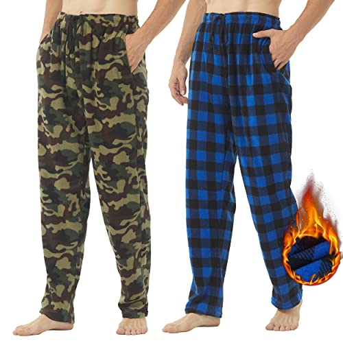 YUSHOW 2er Pack Schlafanzughose Herren Lang Fleece Karierte Pyjamahose Winter Warm Pyjama Hose Soft Freizeithose Weihnachts Pyjama mit Taschen und Kordelzug von YUSHOW
