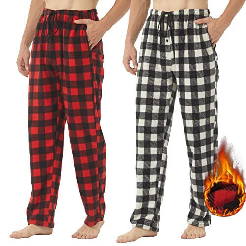 YUSHOW 2er Pack Schlafanzughose Herren Lang Fleece Karierte Pyjamahose Winter Warm Pyjama Hose Soft Freizeithose Weihnachts Pyjama mit Taschen und Kordelzug, Blau Schwarz Plaid + Rot Plaid Größe L von YUSHOW