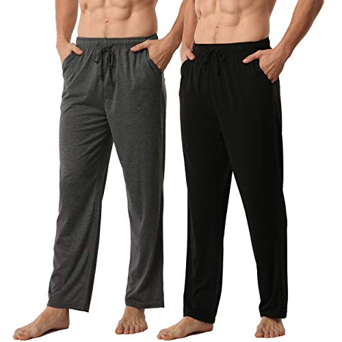 YUSHOW 2er Pack Schlafanzughose Herren Lang Soft Leichte Knit Pyjama Hose Schlafhosen Freizeithose mit Taschen und Kordelzug Elastischer Bund,Schwarz + Hanfgrau,L von YUSHOW