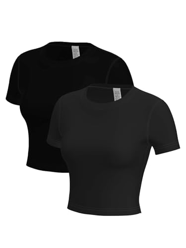 YUSHOW 2er Pack Sportshirt Damen Kurzarm Fitness Kompressionsshirt Atmungsaktiv Rundhals Yoga Sportoberteil Funktionsshirt Running Gym von YUSHOW
