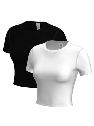 YUSHOW 2er Pack Sportshirt Damen Kurzarm Fitness Kompressionsshirt Atmungsaktiv Rundhals Yoga Sportoberteil Funktionsshirt Running Gym von YUSHOW