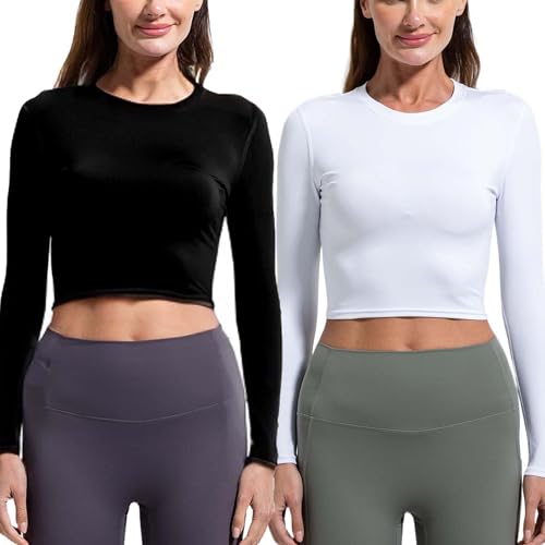 YUSHOW 2er Pack Sportshirt Damen Langarm Compression Shirt Rundhalsausschnitt Atmungsaktiv Leichtes Sport Frauen Yoga Laufshirt von YUSHOW