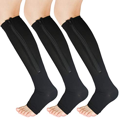 YUSHOW 3 Paar Kompressionsstrümpfe Damen Herren Stützstrümpfe mit Reißverschluss 15-20 mmHg Medizinisch Kompressionssocken Offenen Zehen Compression Socks für Ödeme, Sport, Laufen von YUSHOW