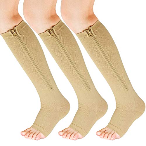 YUSHOW 3 Paar Kompressionsstrümpfe Damen und Herren Stützstrümpfe mit Reißverschluss Compression Socks Offenen Zehen Kompressionssocken für Ödeme, Laufen, Durchblutungsförderung von YUSHOW