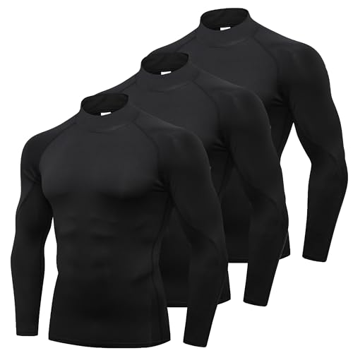 YUSHOW 3er-Pack Kompressions-Tops für Herren, langärmelig, schnelltrocknend, Rollkragen, Basisschicht für Fitnessstudio, Sport, Fitness, Workout, Radfahren, Fußball, Training, T-Shirts, 3 Stück, L von YUSHOW