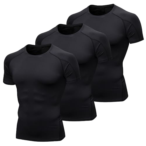 YUSHOW 3er Pack Kompressionsshirt Herren Kurzarm Sport Funktionsshirt Schnelltrocknendes Atmungsaktiv Laufshirt Training Männer T Shirt Sommer Laufen Fitness Gym,Schwarz（3er Pack,M von YUSHOW