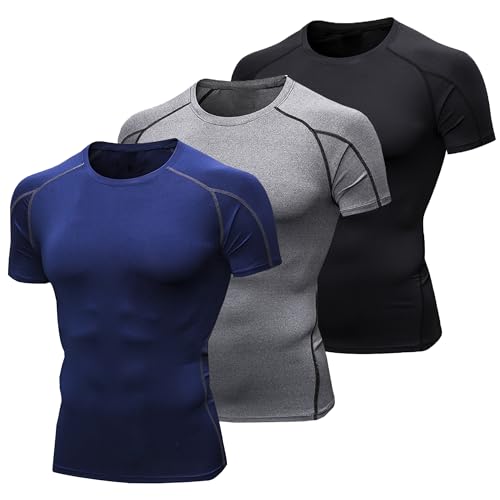 YUSHOW 3er Pack Kompressionsshirt Herren Kurzarm Sport Funktionsshirt Schnelltrocknendes Atmungsaktiv Laufshirt Training Männer T Shirt Sommer Laufen Fitness Gym,Schwarz+Grau+Marineblau,L von YUSHOW