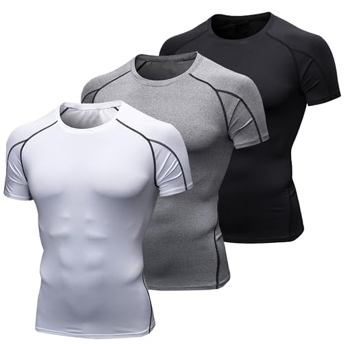 YUSHOW 3er Pack Kompressionsshirt Herren Kurzarm Sport Funktionsshirt Schnelltrocknendes Atmungsaktiv Laufshirt Training Männer T Shirt Sommer Laufen Fitness Gym,Schwarz+Grau+Weiß,XL von YUSHOW