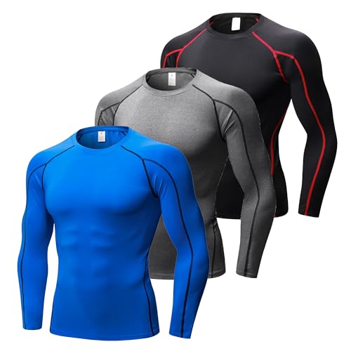 YUSHOW 3er Pack Kompressionsshirt Herren Sport Langarm Funktionsshirt Atmungsaktiv Compression Laufshirt Männer Fitness Gym von YUSHOW