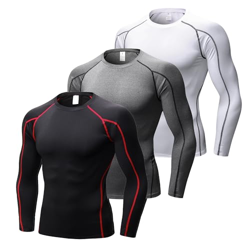 YUSHOW 3er Pack Kompressionsshirt Herren Sport Langarm Funktionsshirt Atmungsaktiv Compression Laufshirt Männer Fitness Gym von YUSHOW