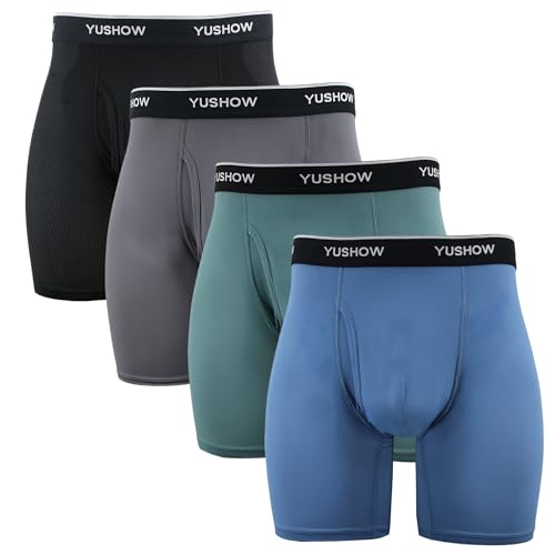 YUSHOW 4er Pack Boxershorts Herren Lang Mesh Eisseide Unterwäsche Herren Multipack Unterhosen Männer Nahtlos Atmungsaktiv Langes Bein Retroshorts mit Eingriff von YUSHOW