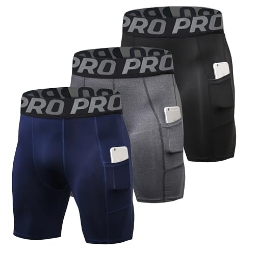 YUSHOW Compression Shorts Mens 3 Pack Sports Anti-Chafing Underwear Base Layer Shorts Quick Dry Running Shorts with Phone Pockets Cycling Tights for Workout Athletic Rugby Short Protect Leg Skin von YUSHOW