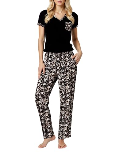YUSHOW Damen Pyjama Set Kurzarm Oberteile V-Ausschnitt Brusttasche Lang Pyjamahose mit Kordelzug Schlafanzug Frauen Weich Nachtwäsche Hausanzug Set Sommer Sleepwear von YUSHOW