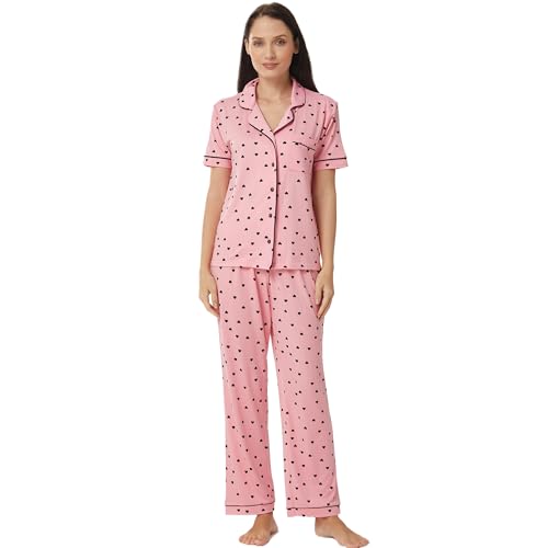 YUSHOW Damen Schlafanzug Zweiteiliger Herz-Print Kurz Button Down Shirt Pyjamahose Lang Comfy Soft Nachtwäsche Frauen Pyjamas von YUSHOW