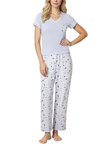 YUSHOW Damen Schlafanzug Zweiteiliger Kurzarm Schlafanzugoberteile V-Ausschnitt Brusttasche Lang Pyjamahose mit Kordelzug Weich Nachtwäsche Frauen Hausanzug Set Sommer Sleepwear von YUSHOW