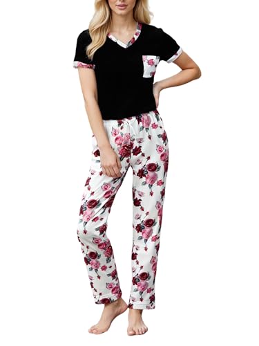 YUSHOW Damen Schlafanzug Zweiteiliger Kurzarm Schlafanzugoberteile V-Ausschnitt Brusttasche Lang Pyjamahose mit Kordelzug Weich Nachtwäsche Frauen Hausanzug Set Sommer Sleepwear von YUSHOW