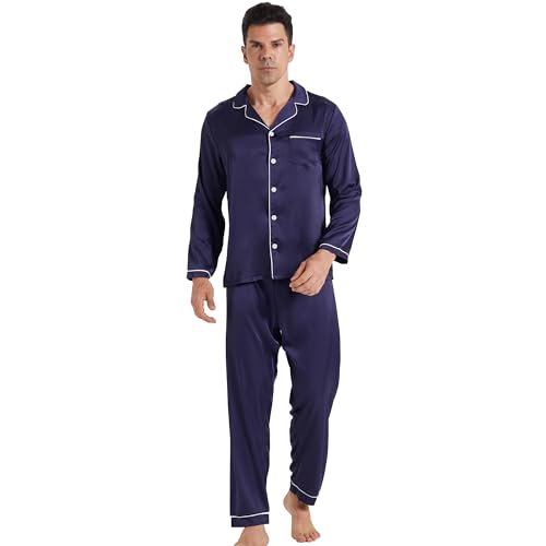 YUSHOW Herren Schlafanzug Lang Zweiteiliger Satin Pyjama mit Knopfleiste Langarm Shirt und Hose Weich Nachtwäsche Hausanzug Pjs Set mit Brusttasche von YUSHOW