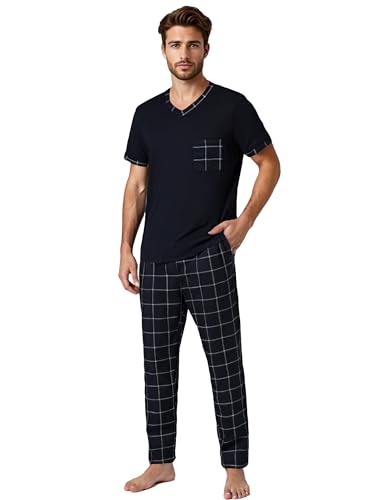YUSHOW Herren Schlafanzug Zweiteiliger Kurzarm T-Shirt V-Ausschnitt Brusttasche und Lange Karierte Schlafanzughose mit Taschen Männer Hausanzug Set Sommer Sllepwear von YUSHOW