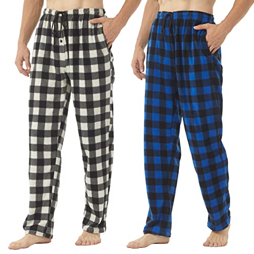 YUSHOW Herren Schlafanzughose 2er Pack Fleece Karierte Loungehose mit Taschen Loungewear Pyjamahose, Graues Plaid+Blaues Plaid Größe L von YUSHOW