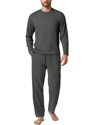 YUSHOW Pyjama Herren Rippenstrick Langarm Shirt und Pajamahose Comfy Weich Nachtwäsche Hausanzug Pjs Set von YUSHOW