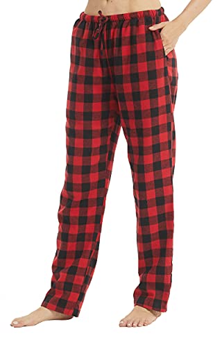 YUSHOW Pyjamahose Damen Lang Baumwolle Flanell Karierte Schlafanzughose Winter Weich Nachtwäsche Hose Freizeithose mit Taschen und Kordelzug, Rot Schwarz Kariert Größe L von YUSHOW