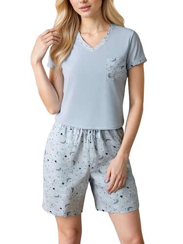 YUSHOW Schlafanzug Damen Kurz Damen Schlafshirt V-Ausschnitt Brusttasche Weich Pyjamahose mit Kordelzug Kurzer Pyjama Frauen Zweiteiliger Sommer Comfy Nachtwäsche Hausanzug Set von YUSHOW