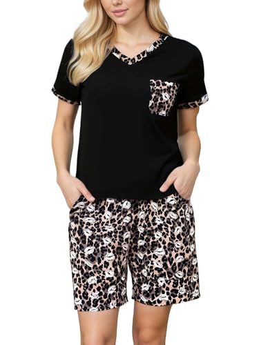 YUSHOW Schlafanzug Damen Kurz Damen Schlafshirt V-Ausschnitt Brusttasche Weich Pyjamahose mit Kordelzug Kurzer Pyjama Frauen Zweiteiliger Sommer Comfy Nachtwäsche Hausanzug Set von YUSHOW