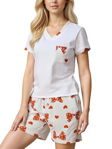 YUSHOW Schlafanzug Damen Kurz Damen Schlafshirt V-Ausschnitt Brusttasche Weich Pyjamahose mit Kordelzug Kurzer Pyjama Frauen Zweiteiliger Sommer Comfy Nachtwäsche Hausanzug Set von YUSHOW