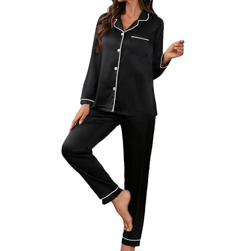 YUSHOW Schlafanzug Damen Lang Satin Pyjama mit Knopfleiste Zweiteiliger Lang Hose und Tops Weich Nachtwäsche Hausanzug Pjs Set von YUSHOW
