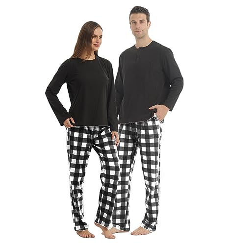 YUSHOW Schlafanzug Damen Lang Winter Zweiteiliger Partner Schlafanzug 2er Set für Paare Langarm Shirt Karierter Pyjamahose Weihnachtspyjama Paare Set von YUSHOW