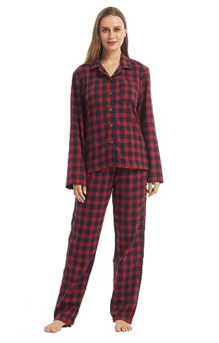 YUSHOW Schlafanzug Damen Lang Zweiteiliger Baumwolle Winter Flannel Pyjama Lange Oberteile Karierte Pyjamahose Cotton Hausanzug Kuschelig Frauen Weihnachts Lounge Set von YUSHOW