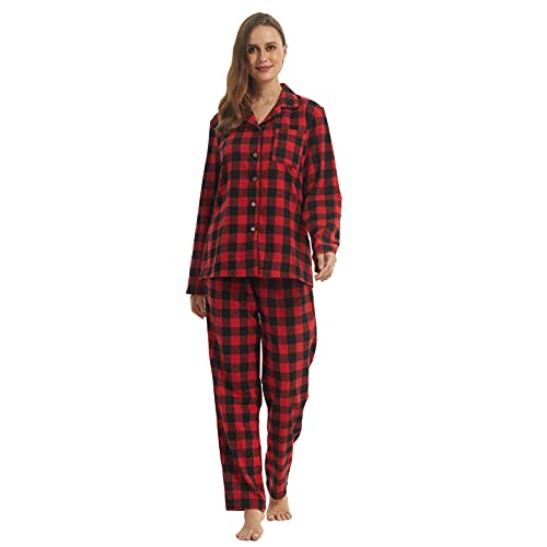 YUSHOW Schlafanzug Damen Lang Zweiteiliger Baumwolle Winter Flannel Pyjama Lange Oberteile Karierte Pyjamahose Cotton Hausanzug Kuschelig Frauen Weihnachts Lounge Set von YUSHOW