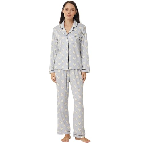 YUSHOW Schlafanzug Damen Lang Zweiteiliger Herz-Print Button Down Shirt Pyjamahose Comfy Soft Nachtwäsche Frauen Pyjamas von YUSHOW