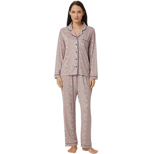 YUSHOW Schlafanzug Damen Lang Zweiteiliger Herz-Print Button Down Shirt Pyjamahose Comfy Soft Nachtwäsche Frauen Pyjamas von YUSHOW