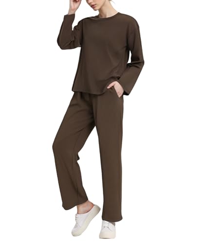 YUSHOW Schlafanzug Damen Lang Zweiteiliger Rippenstrick Pyjama Set T-Shirt Rundhals Pajamahose mit Tachen Weich Nachtwäsche Hausanzug Loungewear von YUSHOW