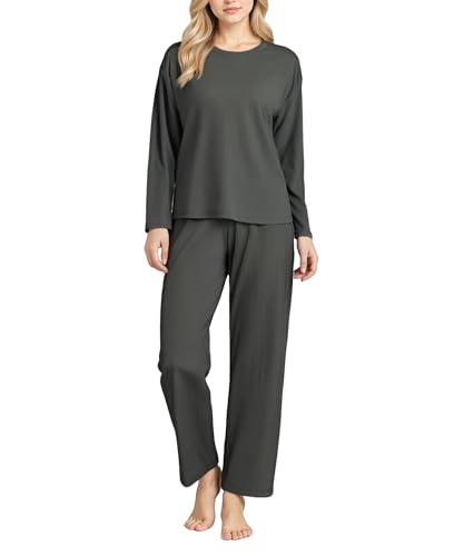 YUSHOW Schlafanzug Damen Lang Zweiteiliger Rippenstrick Pyjama Set T-Shirt Rundhals Pajamahose mit Tachen Weich Nachtwäsche Hausanzug Loungewear von YUSHOW