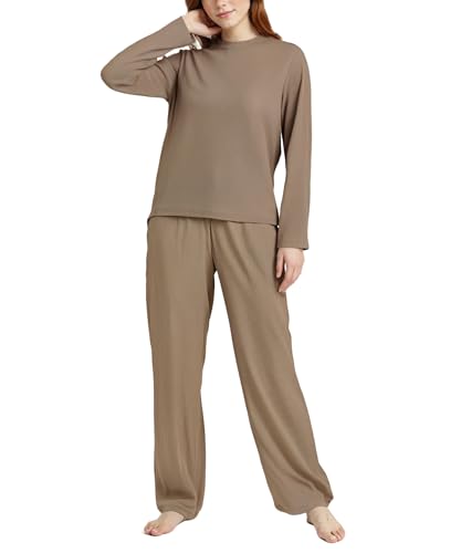 YUSHOW Schlafanzug Damen Lang Zweiteiliger Rippenstrick Pyjama Set T-Shirt Rundhals Pajamahose mit Tachen Weich Nachtwäsche Hausanzug Loungewear von YUSHOW