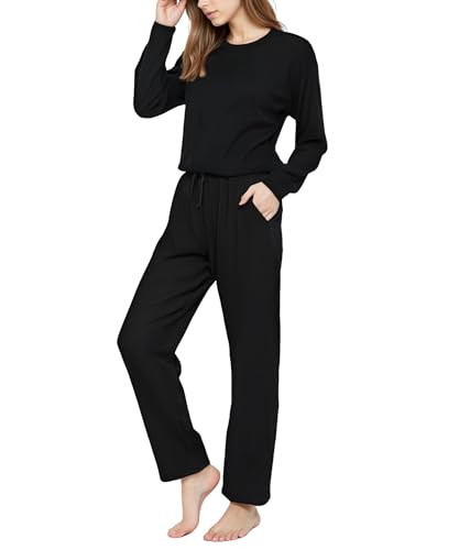 YUSHOW Schlafanzug Damen Lang Zweiteiliger Rippenstrick Pyjama Set T-Shirt Rundhals Pajamahose mit Tachen Weich Nachtwäsche Hausanzug Loungewear von YUSHOW