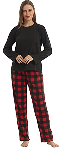 YUSHOW Schlafanzug Damen Lang Zweiteiliger Winter Pyjama Lange Oberteile Fleece Karierte Pyjamahose Hausanzug Kuschelig Frauen Weihnachts Lounge Set,Schwarz+Rot Kariert,S von YUSHOW