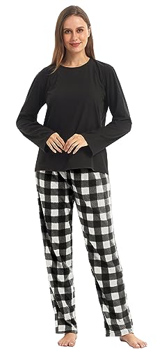 YUSHOW Schlafanzug Damen Winter Zweiteiliger Lange Oberteile Fleece Karierte Pyjamahose Hausanzug Kuschelig Frauen Weihnachts Lounge Pyjama Set,Schwarz+Grau Kariert,M von YUSHOW